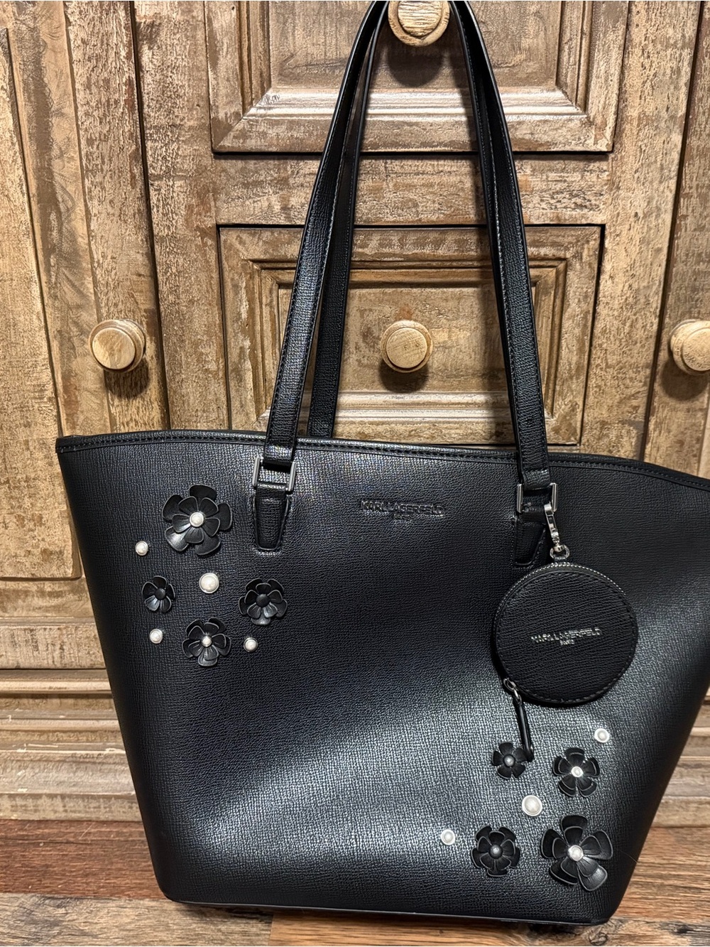 Karl Lagerfeld Black Floral Appliqué Tote with Coin Pouch